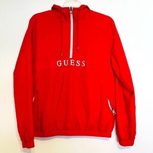 Red Guess Half Zip Long Sleeves Kangaroo Pocket Windbreaker